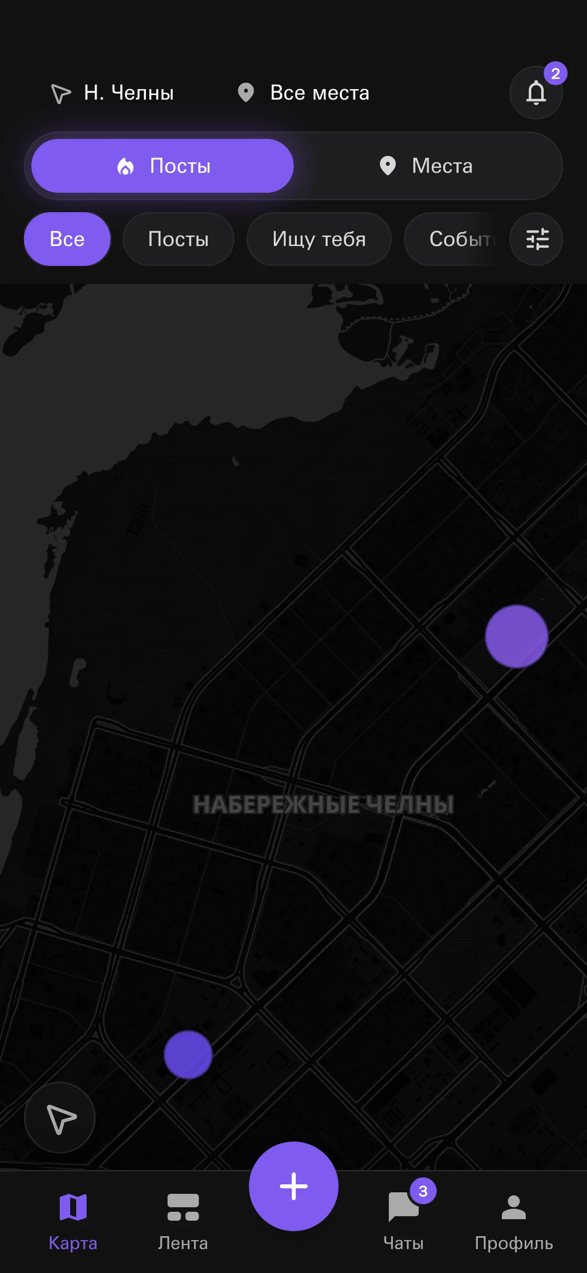 Экран карты Spotted с публикациями рядом в Набережных Челнах